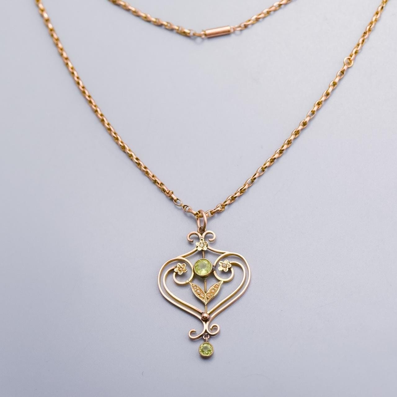 9K Rose Gold Art Nouveau Peridot and Seed Pearl Pendant Necklace
