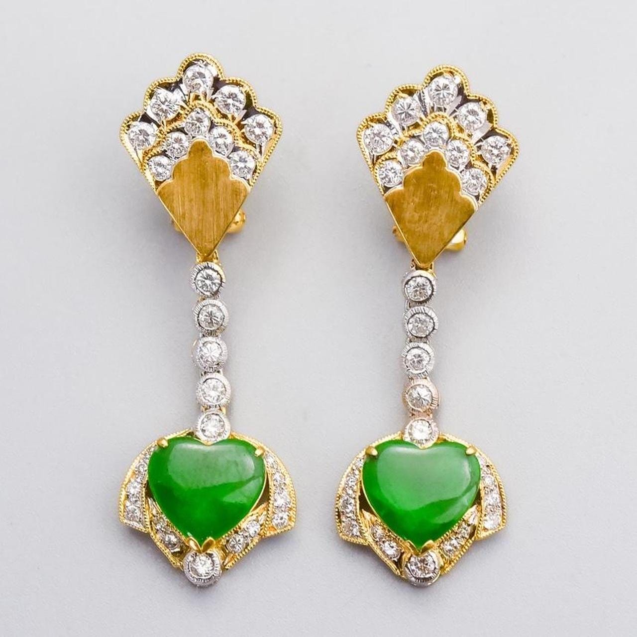 18K Gold Jade & Diamond Dangly Earrings