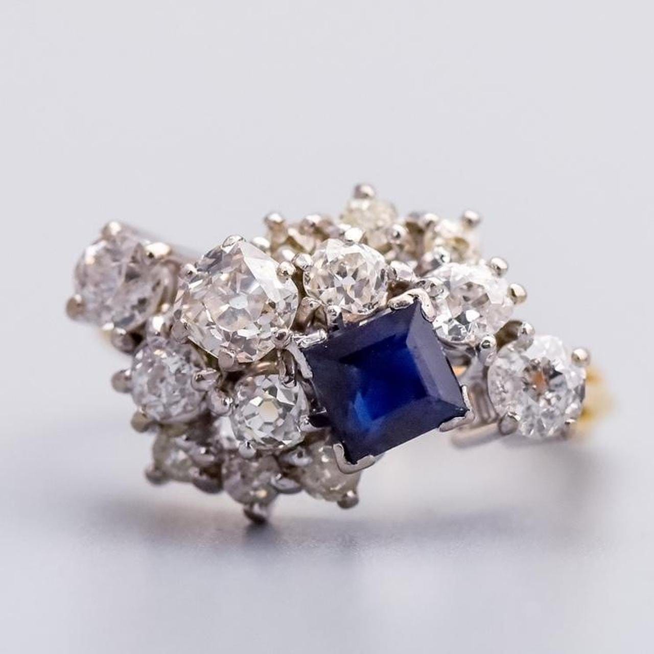 18K Gold Antique Sapphire and Diamond Cluster Ring