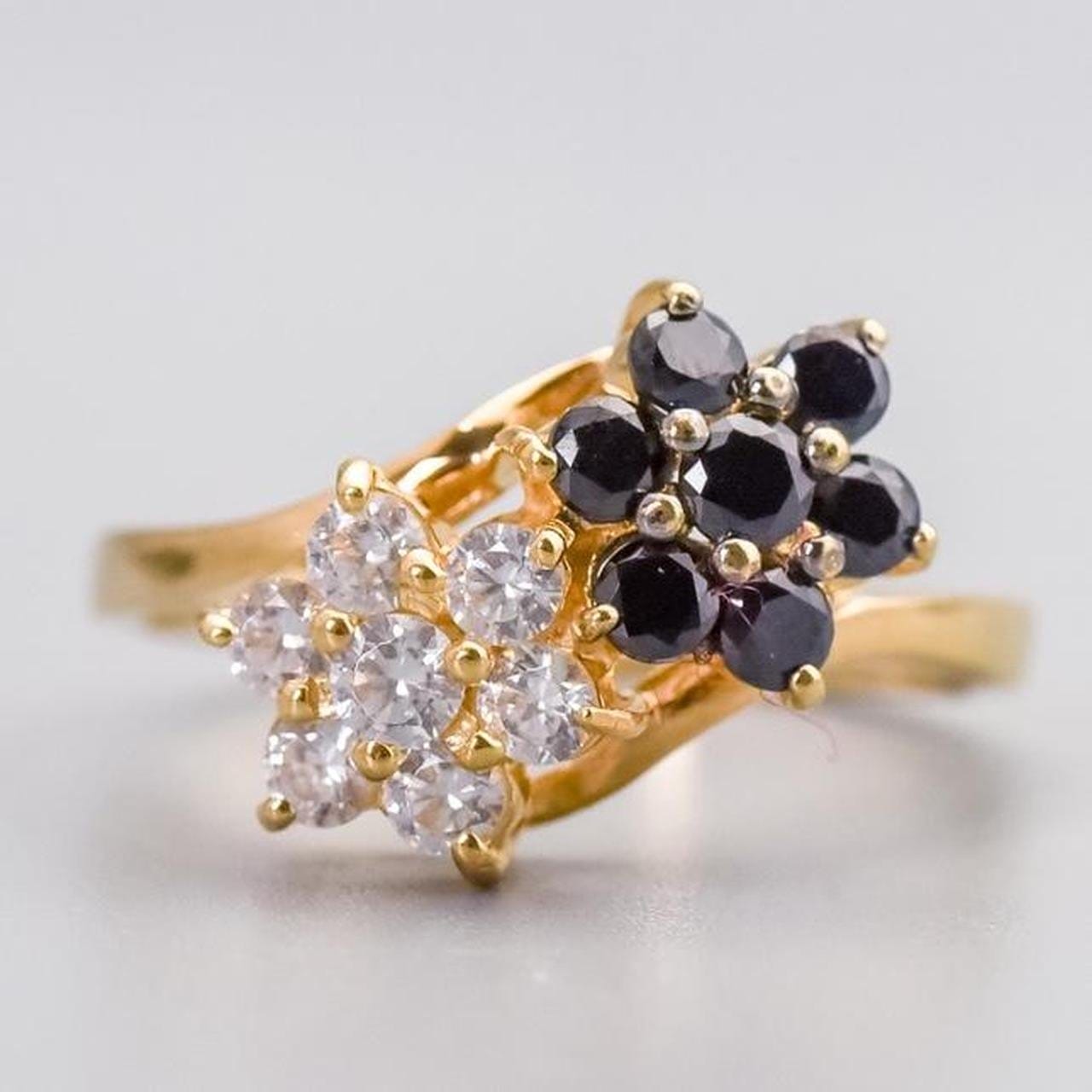 14K Gold Black & White CZ Double Daisy Cluster Ring