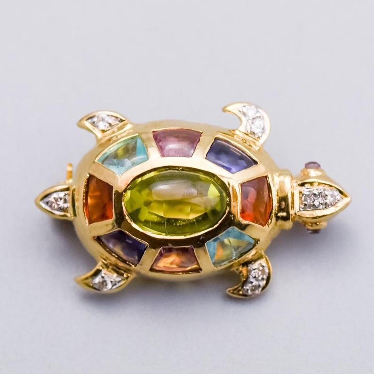 14K Gold Multi Gemstone Turtle Brooch